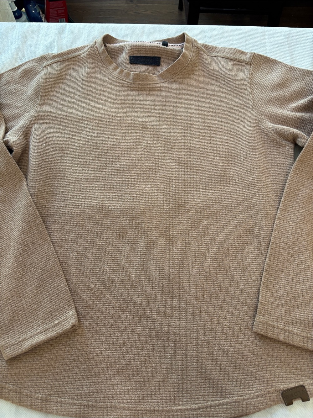 Waffle Knit Long Sleeve Crewneck Top in Tan